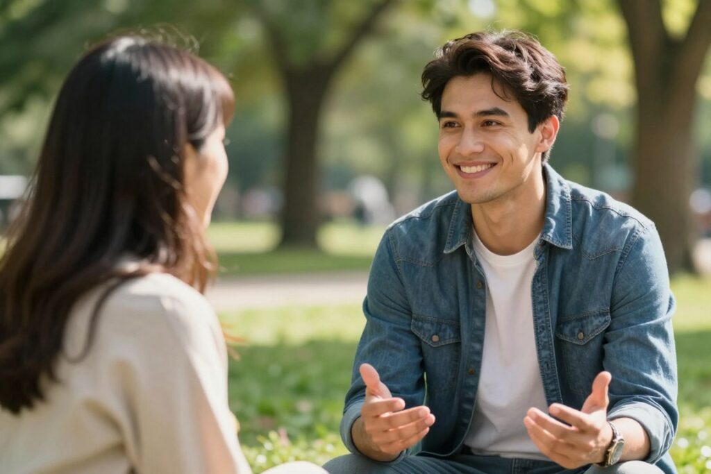Mężczyzna zapraszający dziewczynę na randkę podczas rozmowy w parku