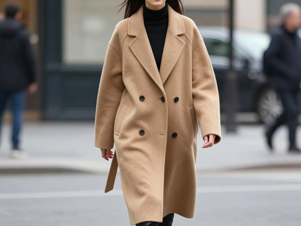 Nowoczesny płaszcz oversize w kolorze kamelowym noszony przez modelkę