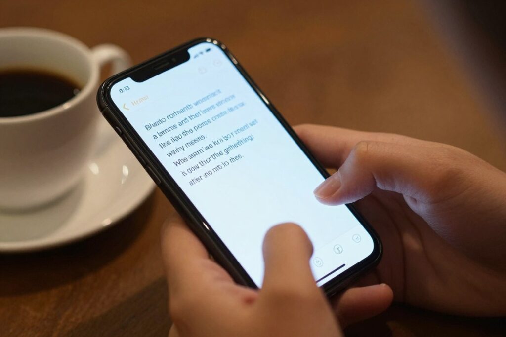 Osoba pisząca romantyczną wiadomość na telefonie, przykład co napisać dziewczynie żeby wiedziała że mi na niej zależy
