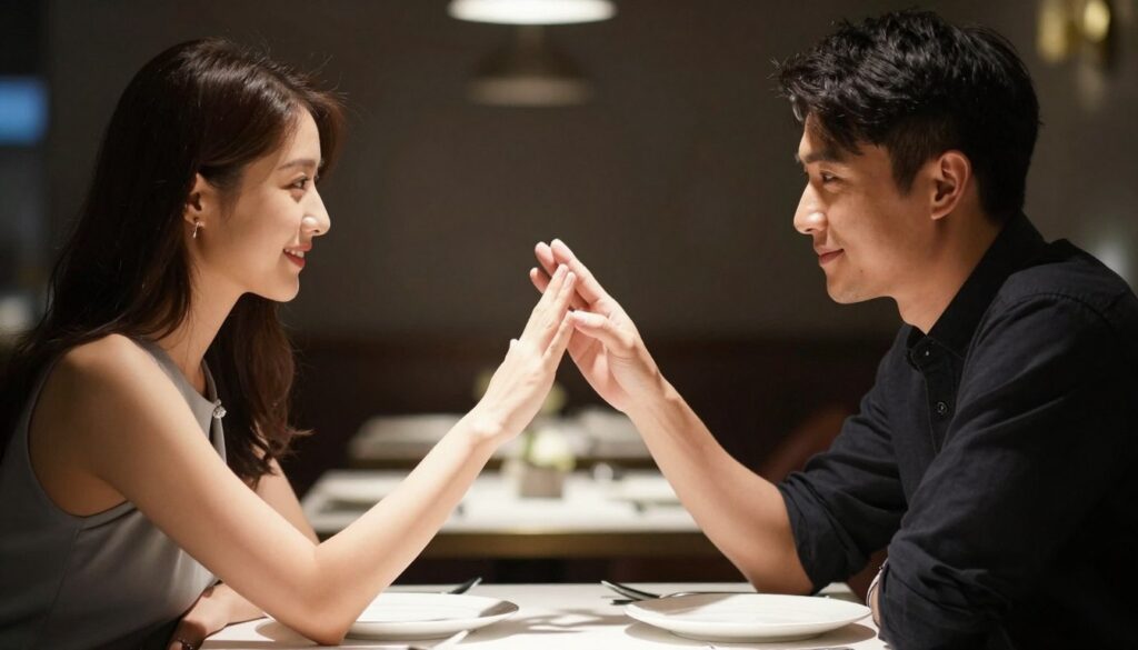 Para flirtująca na pierwszej randce, subtelny dotyk dłoni i wymowne spojrzenia