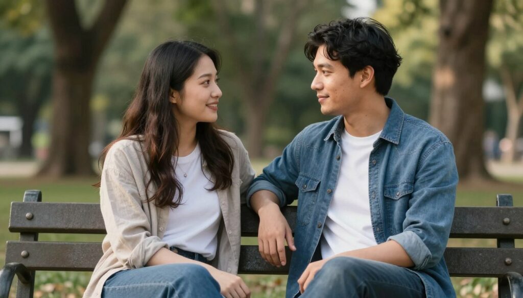 Para na kolejnej randce, głębsza rozmowa w parku na ławce