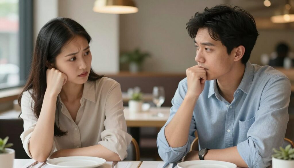 Para na pierwszej randce, mężczyzna porusza niewłaściwy temat, widoczne zmieszanie kobiety