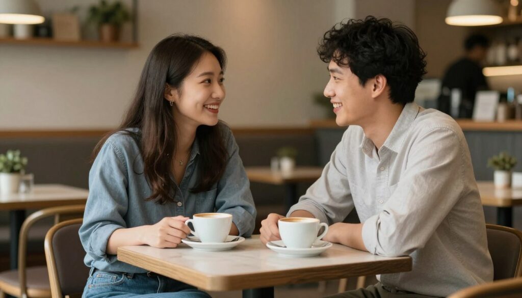 Para na pierwszej randce w kawiarni po udanym zaproszeniu