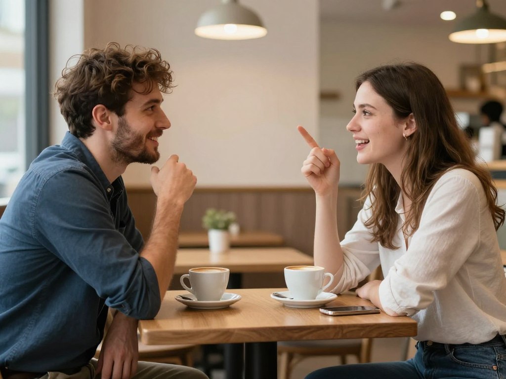 Para na pierwszej randce w kawiarni, prowadząca ożywioną rozmowę przy stoliku