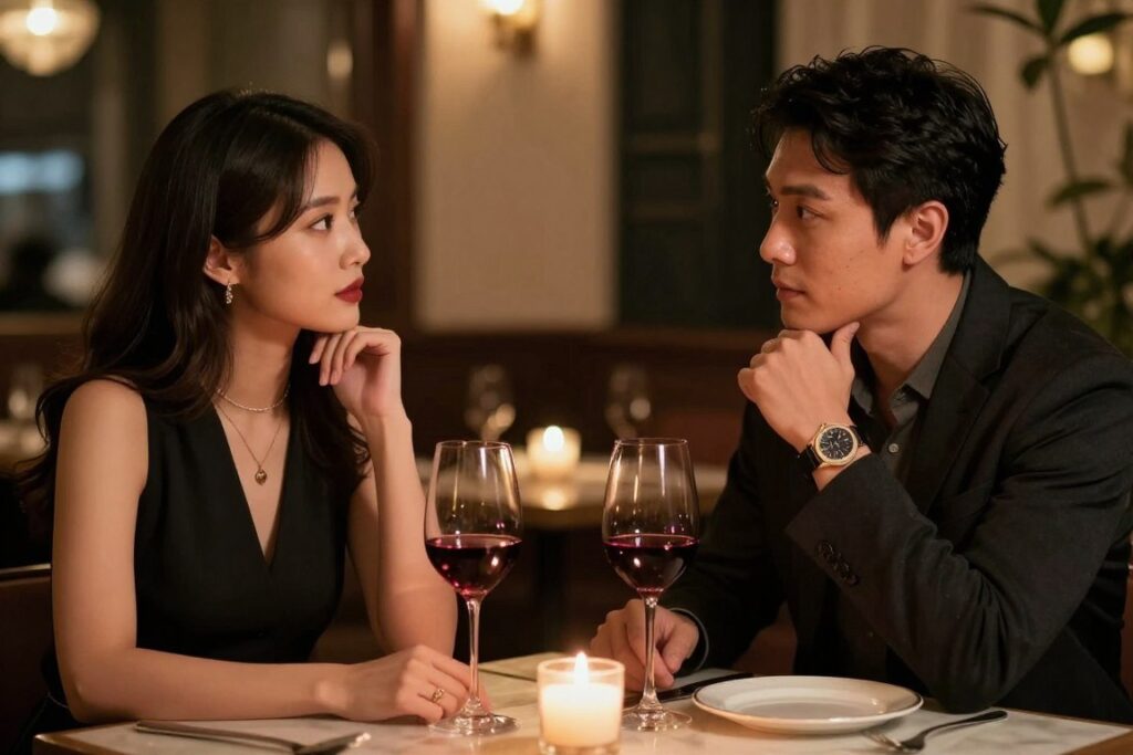 Para na pierwszej randce zadająca sobie nawzajem pytania przy lampce wina