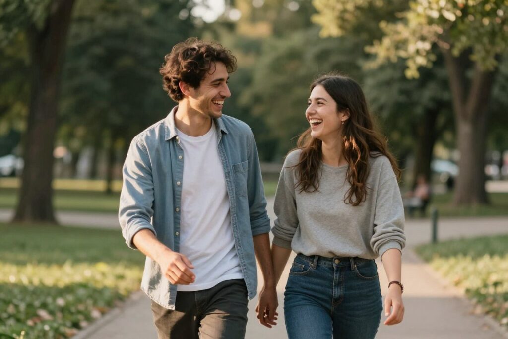 Para na randce w parku, śmiejąca się i kontynuująca rozmowę podczas spaceru
