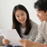 Para przygotowująca się do pierwszej randki, kobieta i mężczyzna przeglądają notatki z tematami do rozmowy