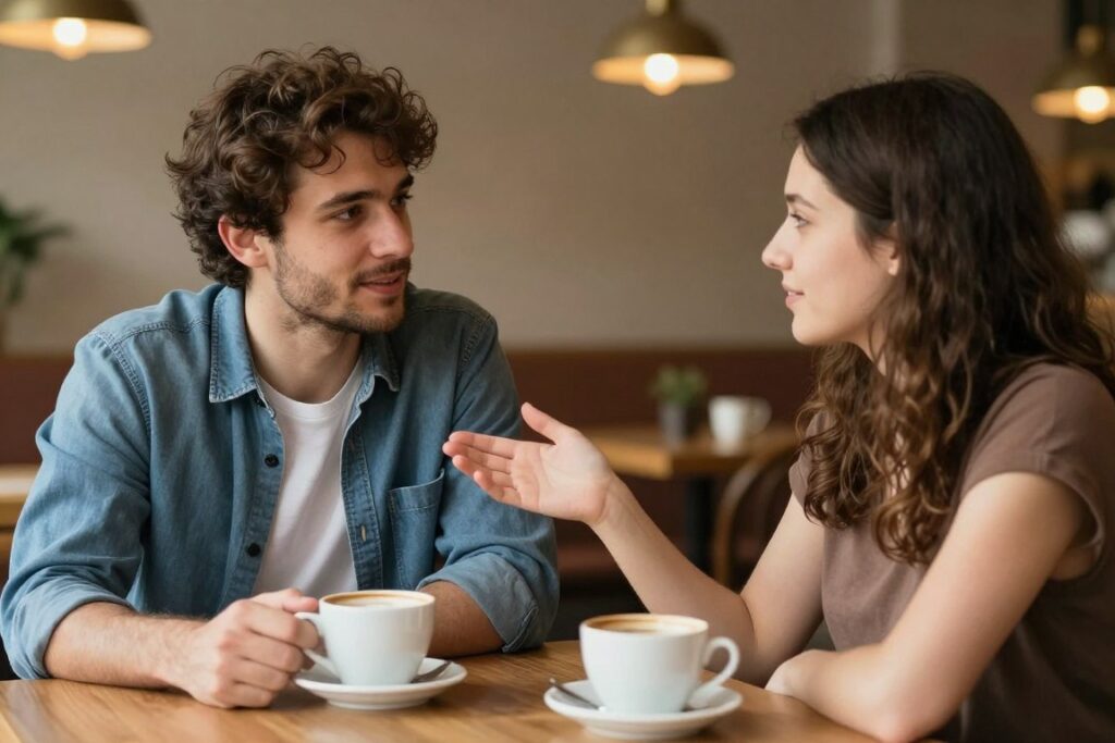 Para rozmawiająca w kawiarni, mężczyzna wybiera odpowiedni moment na zaproszenie