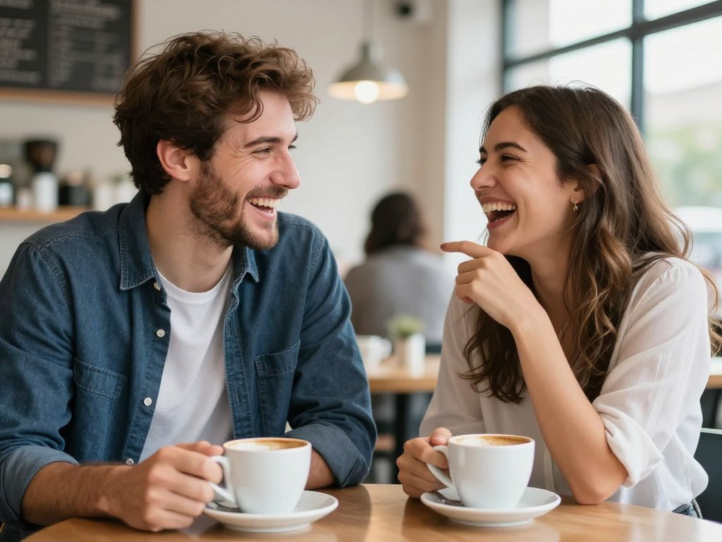 Para śmiejąca się podczas flirtowania na pierwszej randce w kawiarni