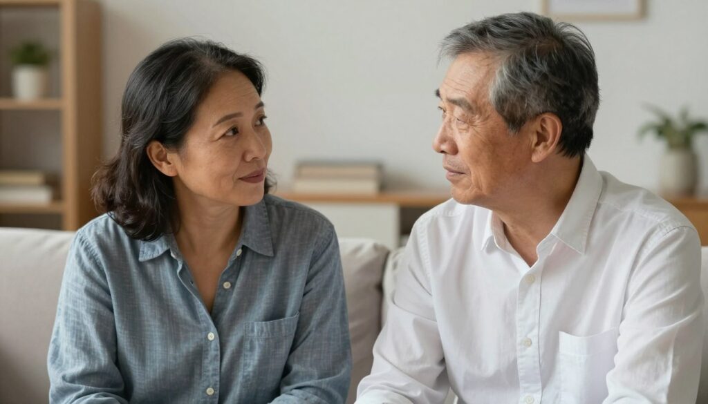 Para w r&oacute;żnym wieku prowadząca szczerą rozmowę w domowym otoczeniu