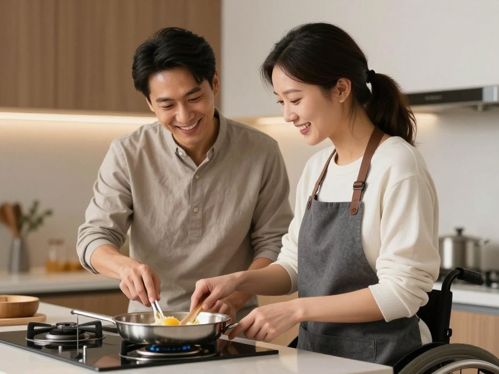 Para wsp&oacute;lnie przygotowująca posiłek, gdzie jeden z partner&oacute;w ma niepełnosprawność