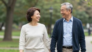 Para z dużą różnicą wieku spacerująca w parku, trzymająca się za ręce