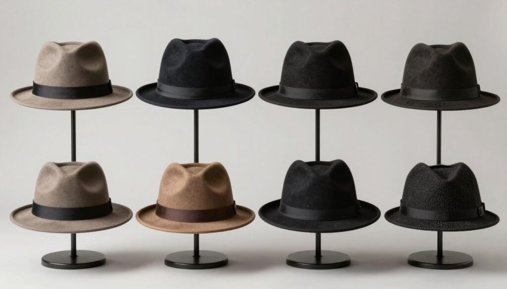 R&oacute;żne rodzaje męskich kapeluszy - fedora, homburg, panama i pork pie