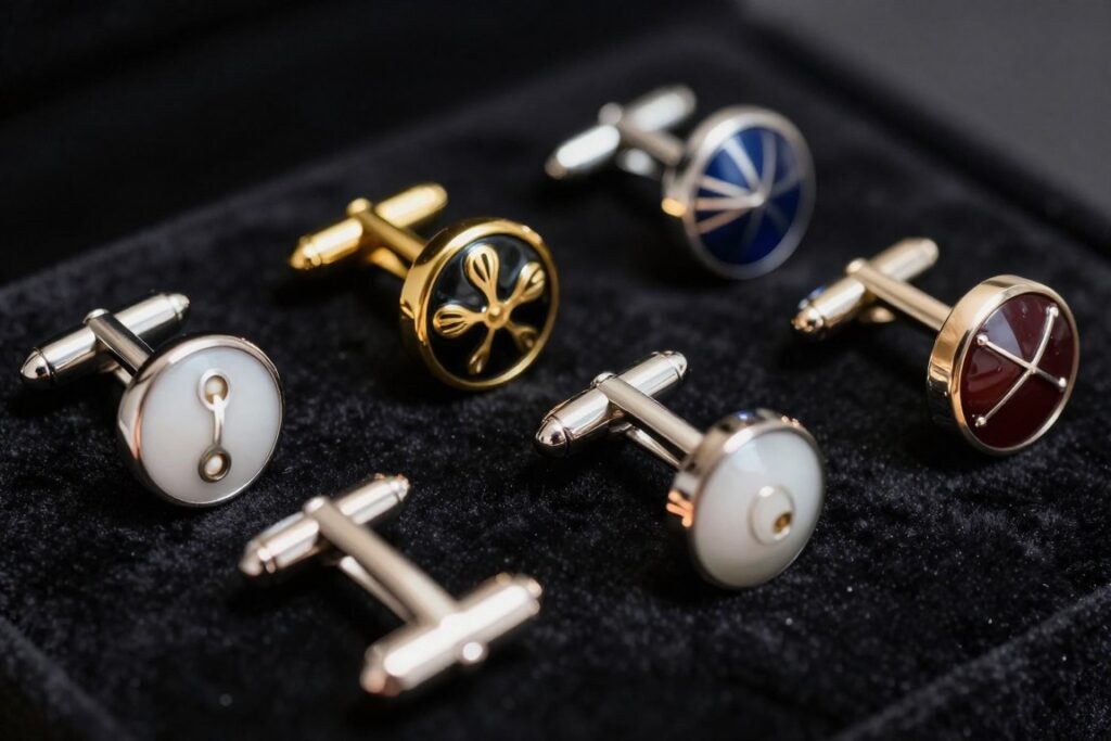 R&oacute;żne rodzaje spinek do mankiet&oacute;w na eleganckim podłożu