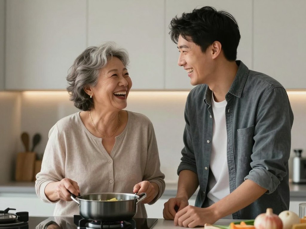 Starsza kobieta i młodszy mężczyzna śmiejący się razem podczas wsp&oacute;lnego gotowania