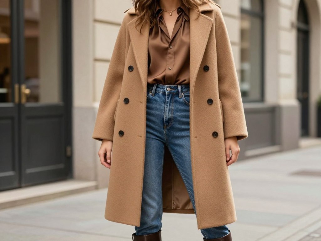 Stylizacja z płaszczem i bluzką z szerokimi rękawami w stylu lat 70