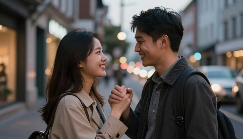 Szczęśliwa para na zakończenie udanej pierwszej randki, uśmiechnięci przy pożegnaniu