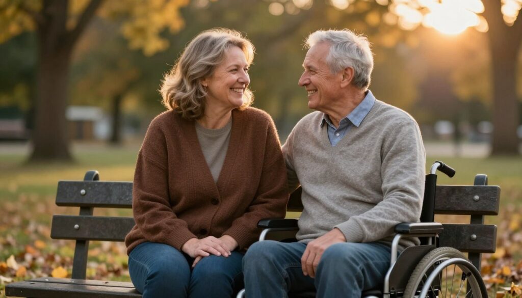 Szczęśliwa para z r&oacute;żnicą wieku, gdzie jeden z partner&oacute;w ma widoczną niepełnosprawność, siedząca razem na ławce w parku