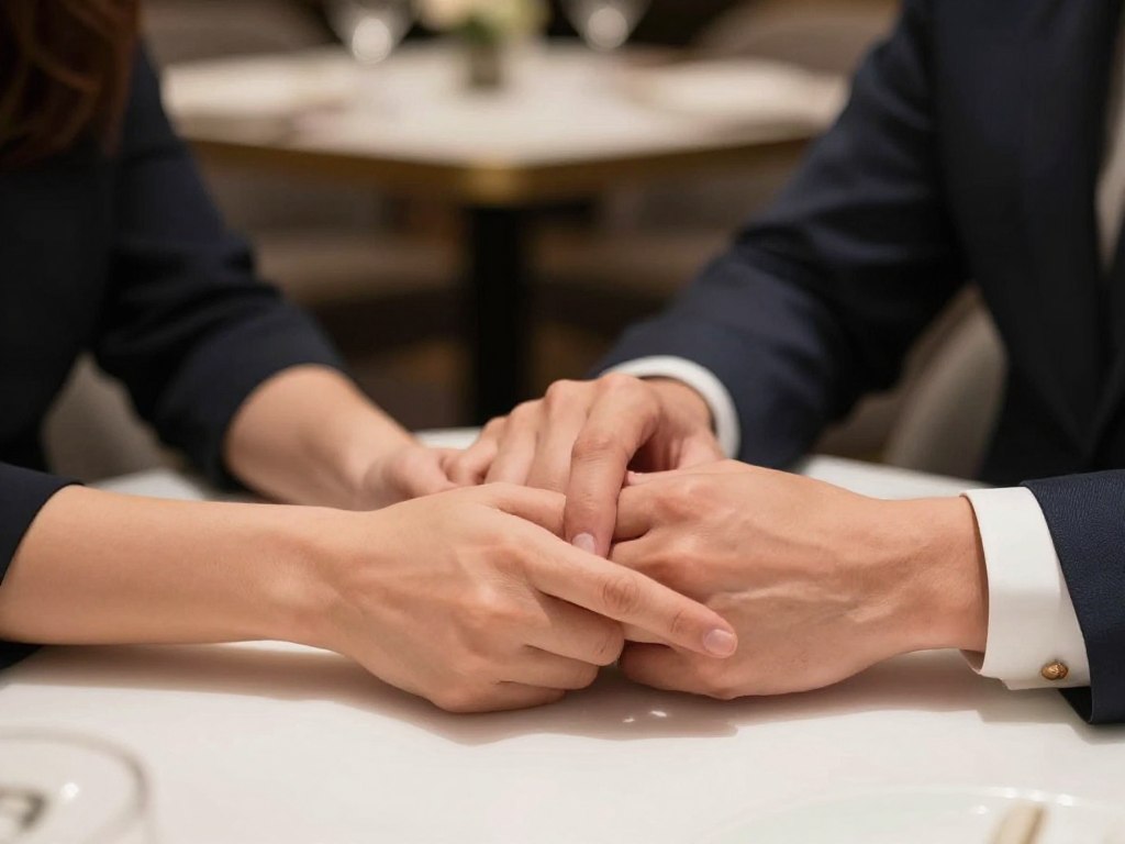 Zbliżenie na dłonie pary na pierwszej randce, delikatny dotyk przy stole